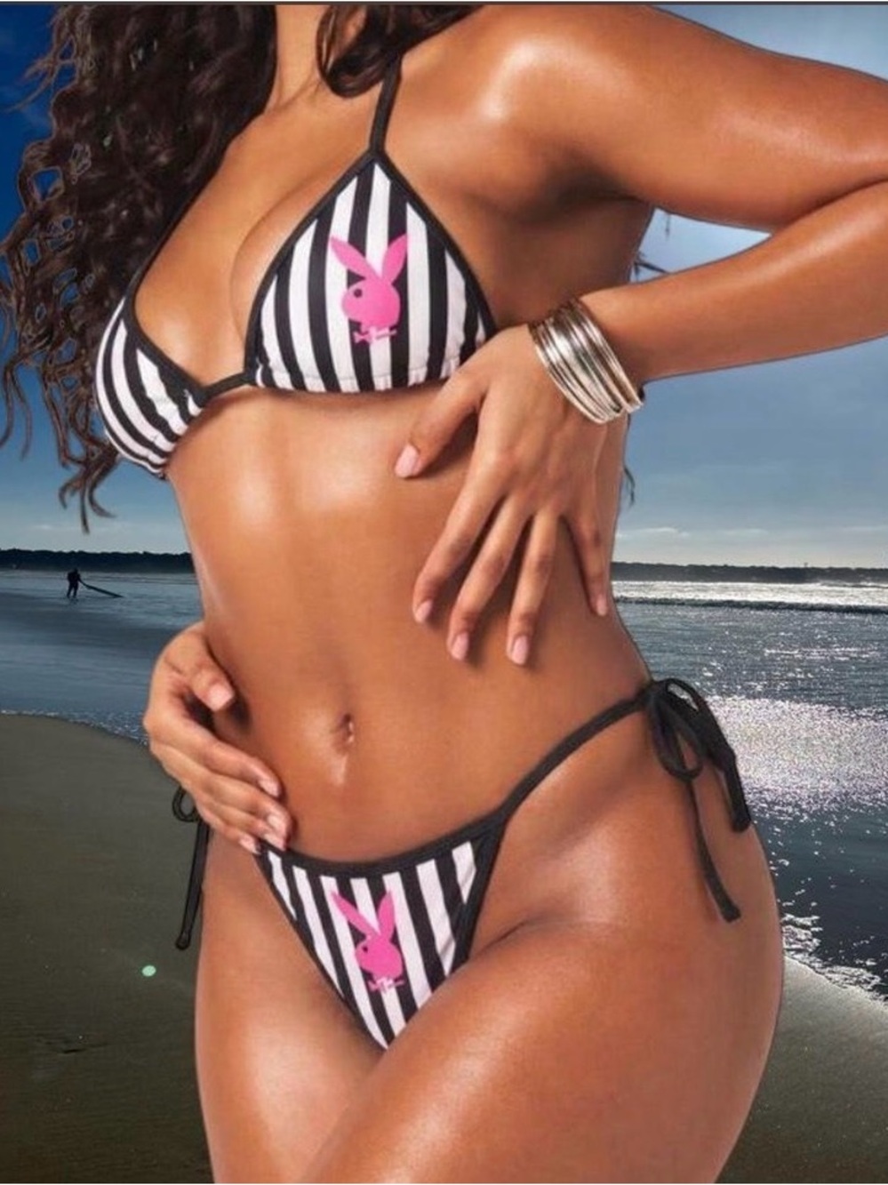PLAYBOY Black & White Striped Triangle Bikini with Pink Bunny
